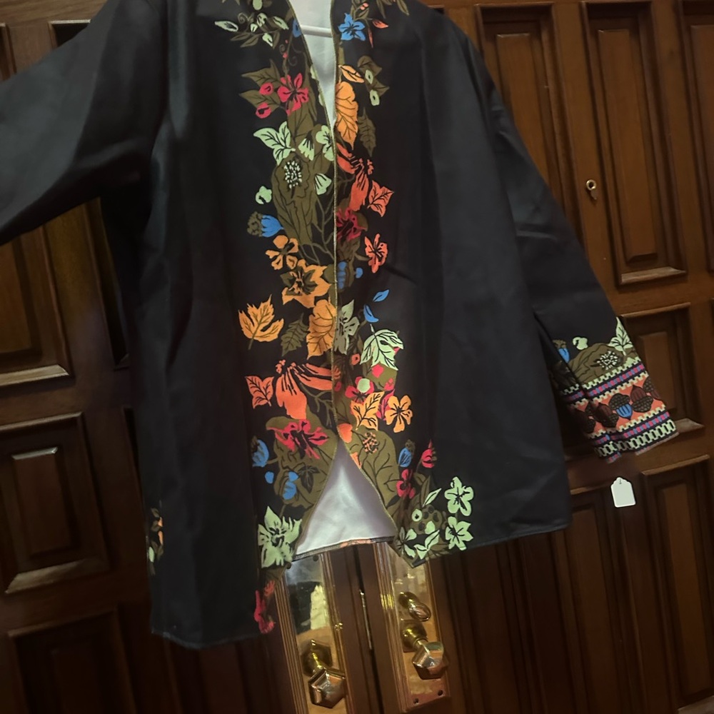 MISSLOOK Black Pea Coat with Multicolor Floral Embroidery